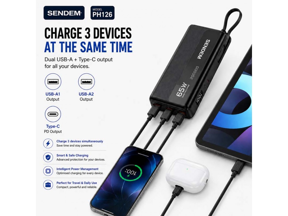 Sendem 20000 mAh PD65W+22.5W Built-In Fast-Charging Powerbank Laptops iPhone Android CCC Travel Sendem 20000 mAh PD65W+22.5W Built-In Fast-Charging Powerbank Laptops iPhone Android CCC Travel
