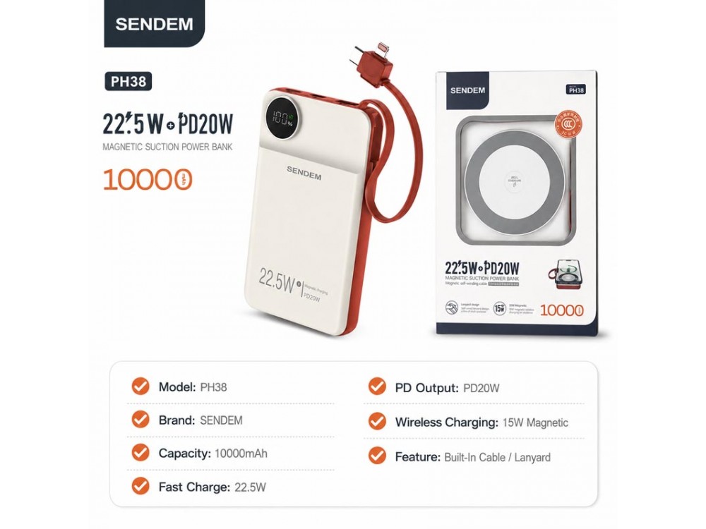 SENDEM 10,000mAh PH38 22.5W + PD20W Magnetic Power Bank CCC Lightning & Type C SENDEM 10,000mAh PH38 22.5W + PD20W Magnetic Power Bank CCC Lightning & Type C