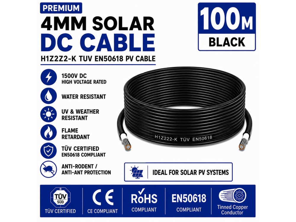 Premium 4mm Solar DC Cable 100m Black H1Z2Z2-K TUV EN50618 PV Cable 1500V AD7 UK Premium 4mm Solar DC Cable 100m Black H1Z2Z2-K TUV EN50618 PV Cable 1500V AD7 UK