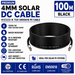 Premium 4mm Solar DC Cable 100m Black H1Z2Z2-K TUV EN50618 PV Cable 1500V AD7 UK Premium 4mm Solar DC Cable 100m Black H1Z2Z2-K TUV EN50618 PV Cable 1500V AD7 UK