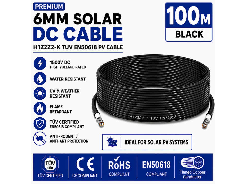 Leader Premium 6mm Solar DC Cable 100m Black H1Z2Z2-K TUV EN50618 PV Cable 1500V AD7 Leader Premium 6mm Solar DC Cable 100m Black H1Z2Z2-K TUV EN50618 PV Cable 1500V AD7