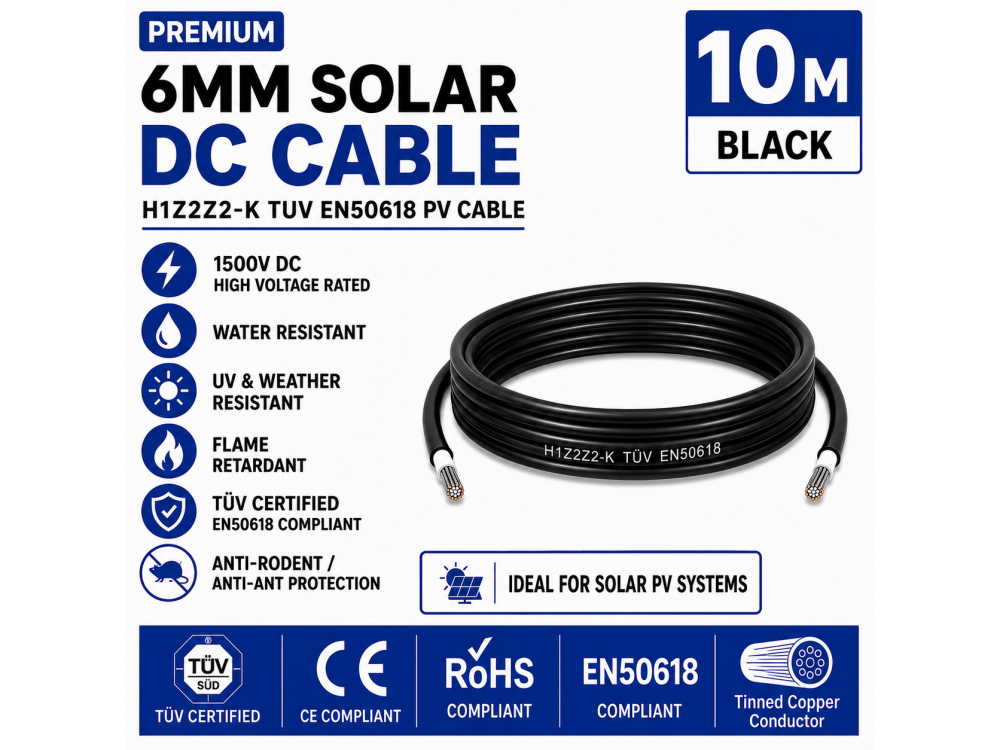 Leader 6mm Solar DC Cable Black H1Z2Z2-K TUV EN50618 PV Cable 1500V AD7 Cut to Length 10m Leader 6mm Solar DC Cable Black H1Z2Z2-K TUV EN50618 PV Cable 1500V AD7 Cut to Length 10m