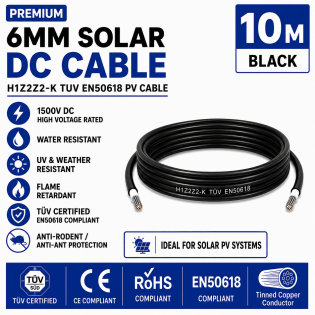 Leader 6mm Solar DC Cable Black H1Z2Z2-K TUV EN50618 PV Cable 1500V AD7 Cut to Length 10m Leader 6mm Solar DC Cable Black H1Z2Z2-K TUV EN50618 PV Cable 1500V AD7 Cut to Length 10m