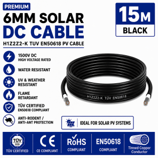Leader 6mm Solar DC Cable Black H1Z2Z2-K TUV EN50618 PV Cable 1500V AD7 Cut to Length 15m Leader 6mm Solar DC Cable Black H1Z2Z2-K TUV EN50618 PV Cable 1500V AD7 Cut to Length 15m