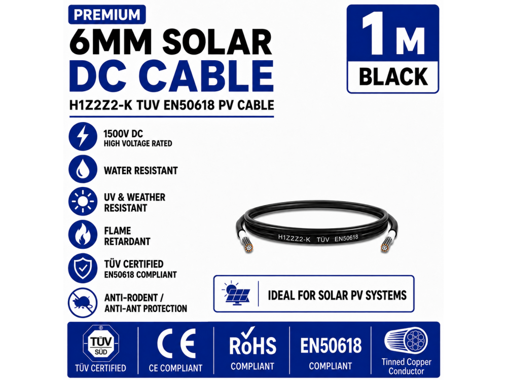 Leader 6mm Solar DC Cable Black H1Z2Z2-K TUV EN50618 PV Cable 1500V AD7 Cut to Length 1m Leader 6mm Solar DC Cable Black H1Z2Z2-K TUV EN50618 PV Cable 1500V AD7 Cut to Length 1m