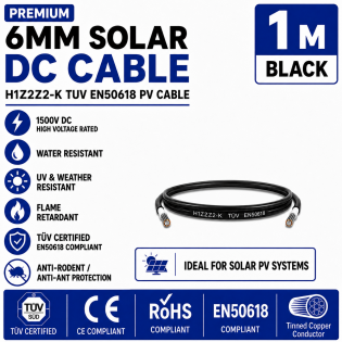 Leader 6mm Solar DC Cable Black H1Z2Z2-K TUV EN50618 PV Cable 1500V AD7 Cut to Length 1m Leader 6mm Solar DC Cable Black H1Z2Z2-K TUV EN50618 PV Cable 1500V AD7 Cut to Length 1m