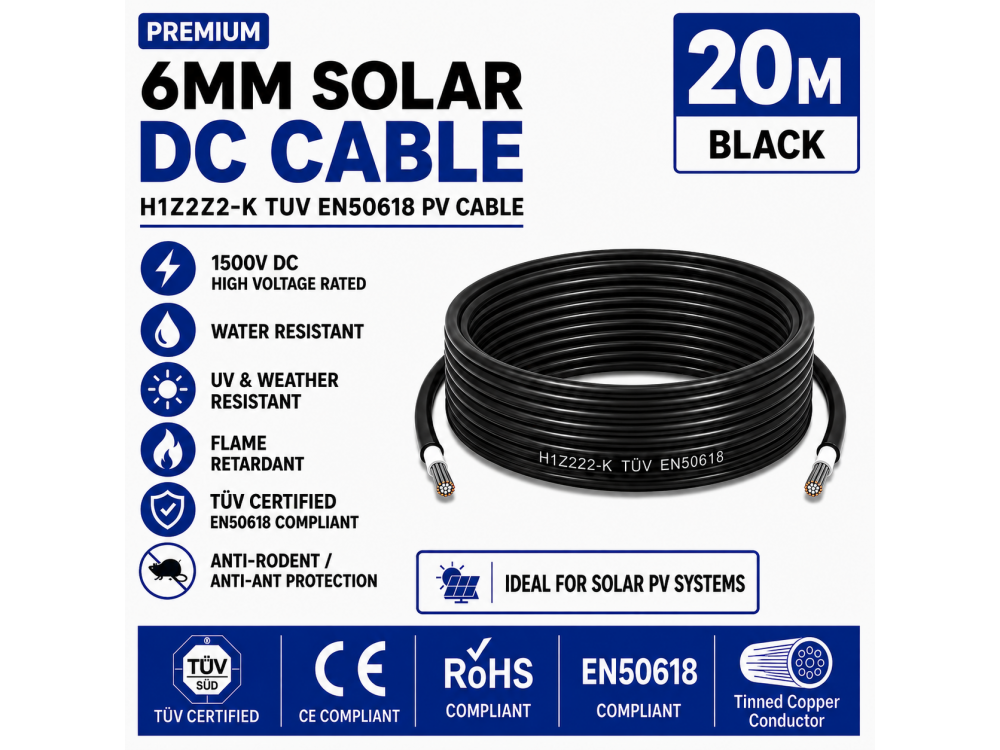 Leader 6mm Solar DC Cable Black H1Z2Z2-K TUV EN50618 PV Cable 1500V AD7 Cut to Length 20m Leader 6mm Solar DC Cable Black H1Z2Z2-K TUV EN50618 PV Cable 1500V AD7 Cut to Length 20m