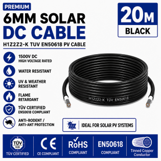 Leader 6mm Solar DC Cable Black H1Z2Z2-K TUV EN50618 PV Cable 1500V AD7 Cut to Length 20m Leader 6mm Solar DC Cable Black H1Z2Z2-K TUV EN50618 PV Cable 1500V AD7 Cut to Length 20m