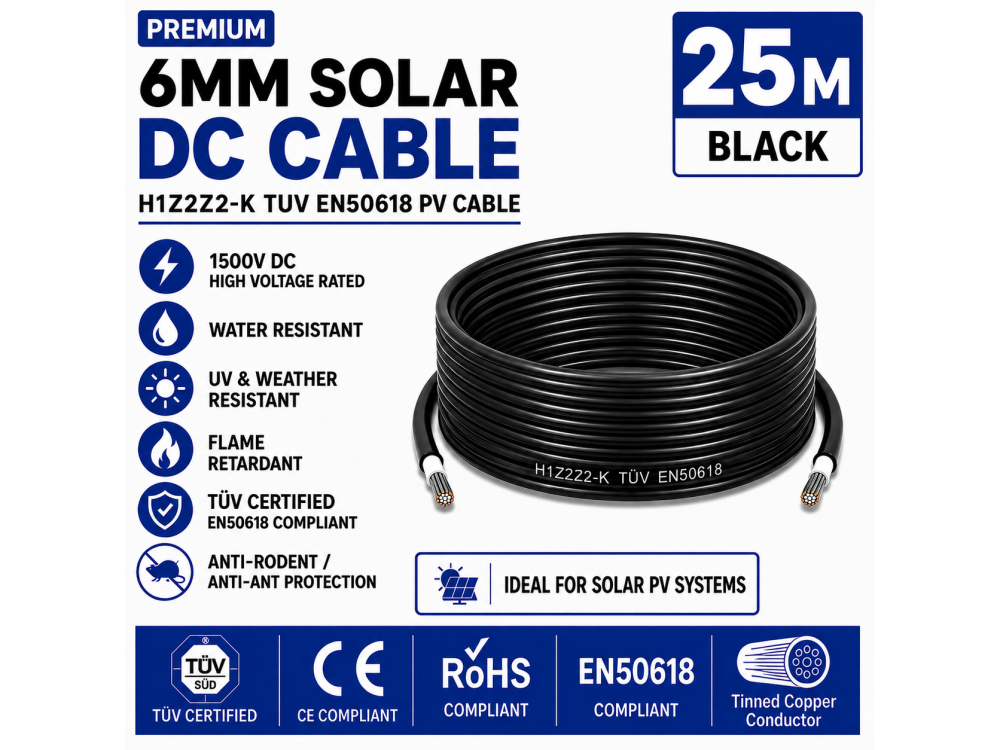 Leader 6mm Solar DC Cable Black H1Z2Z2-K TUV EN50618 PV Cable 1500V AD7 Cut to Length 25m Leader 6mm Solar DC Cable Black H1Z2Z2-K TUV EN50618 PV Cable 1500V AD7 Cut to Length 25m