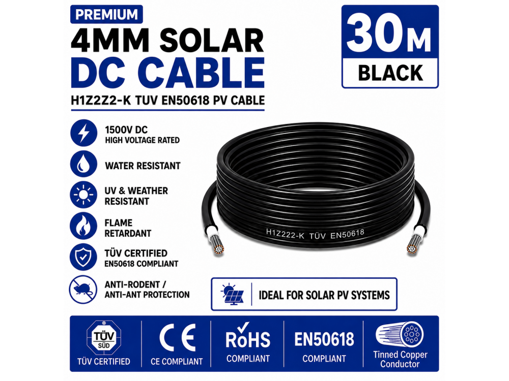 leader 4mm Solar DC Cable Black H1Z2Z2-K TUV EN50618 PV Cable 1500V AD7 Cut to Length 30m leader 4mm Solar DC Cable Black H1Z2Z2-K TUV EN50618 PV Cable 1500V AD7 Cut to Length 30m