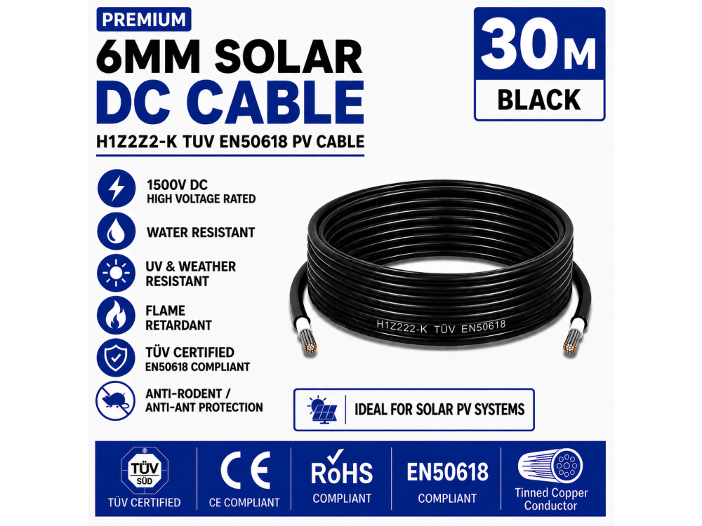 Leader 6mm Solar DC Cable Black H1Z2Z2-K TUV EN50618 PV Cable 1500V AD7 Cut to Length 30m Leader 6mm Solar DC Cable Black H1Z2Z2-K TUV EN50618 PV Cable 1500V AD7 Cut to Length 30m
