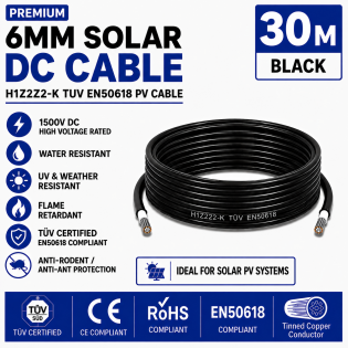Leader 6mm Solar DC Cable Black H1Z2Z2-K TUV EN50618 PV Cable 1500V AD7 Cut to Length 30m Leader 6mm Solar DC Cable Black H1Z2Z2-K TUV EN50618 PV Cable 1500V AD7 Cut to Length 30m