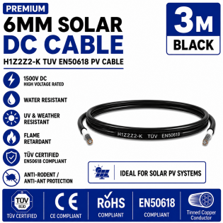 Leader 6mm Solar DC Cable Black H1Z2Z2-K TUV EN50618 PV Cable 1500V AD7 Cut to Length 3m Leader 6mm Solar DC Cable Black H1Z2Z2-K TUV EN50618 PV Cable 1500V AD7 Cut to Length 3m