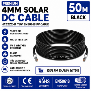 Leader 4mm Solar DC Cable Black H1Z2Z2-K TUV EN50618 PV Cable 1500V AD7 Cut to Length 50m Leader 4mm Solar DC Cable Black H1Z2Z2-K TUV EN50618 PV Cable 1500V AD7 Cut to Length 50m