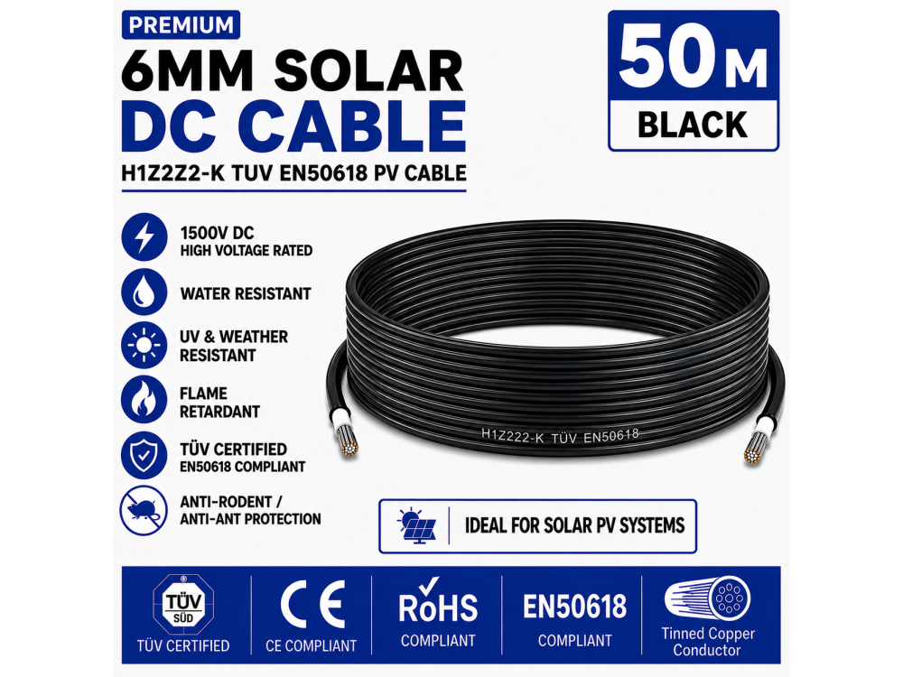 Leader 6mm Solar DC Cable Black H1Z2Z2-K TUV EN50618 PV Cable 1500V AD7 Cut to Length 50m Leader 6mm Solar DC Cable Black H1Z2Z2-K TUV EN50618 PV Cable 1500V AD7 Cut to Length 50m