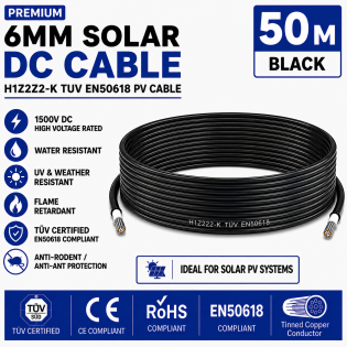 Leader 6mm Solar DC Cable Black H1Z2Z2-K TUV EN50618 PV Cable 1500V AD7 Cut to Length 50m Leader 6mm Solar DC Cable Black H1Z2Z2-K TUV EN50618 PV Cable 1500V AD7 Cut to Length 50m