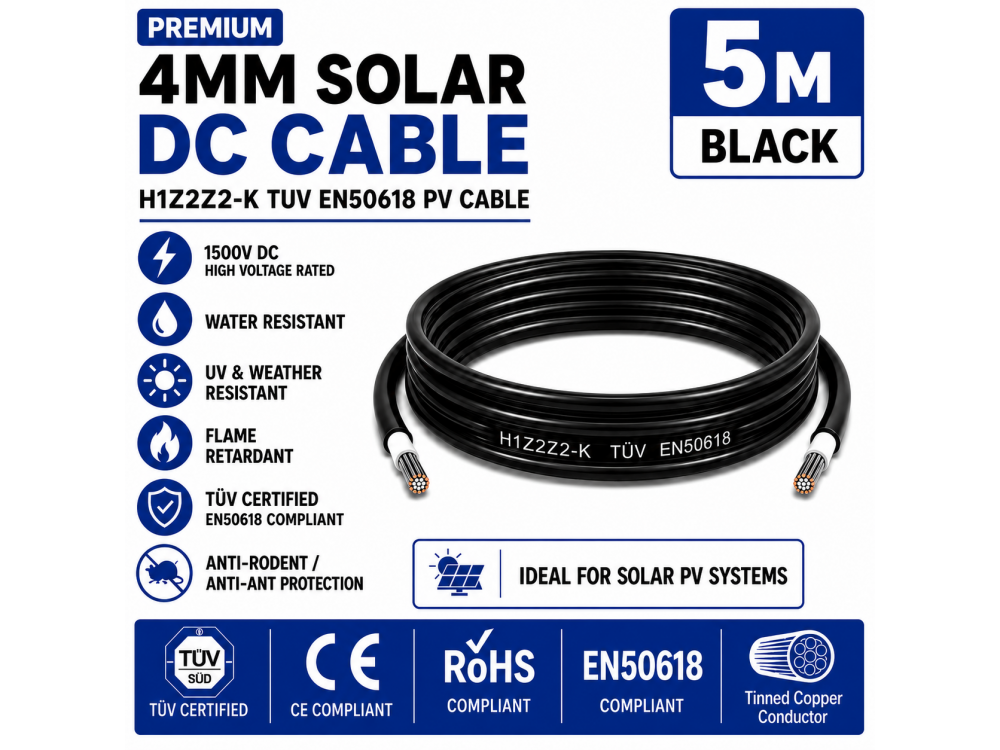 Leader 4mm Solar DC Cable Black H1Z2Z2-K TUV EN50618 PV Cable 1500V AD7 Cut to Length 5m Leader 4mm Solar DC Cable Black H1Z2Z2-K TUV EN50618 PV Cable 1500V AD7 Cut to Length 5m