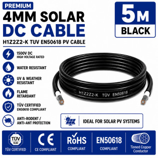 Leader 4mm Solar DC Cable Black H1Z2Z2-K TUV EN50618 PV Cable 1500V AD7 Cut to Length 5m Leader 4mm Solar DC Cable Black H1Z2Z2-K TUV EN50618 PV Cable 1500V AD7 Cut to Length 5m