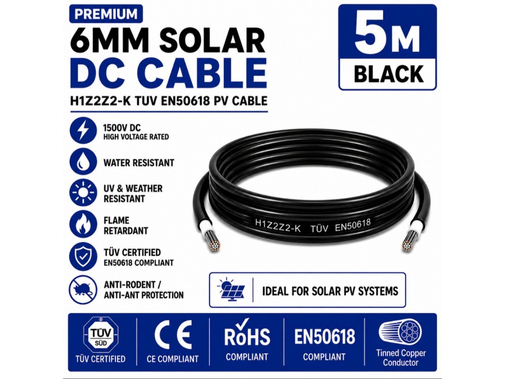 Leader 6mm Solar DC Cable Black H1Z2Z2-K TUV EN50618 PV Cable 1500V AD7 Cut to Length 5m Leader 6mm Solar DC Cable Black H1Z2Z2-K TUV EN50618 PV Cable 1500V AD7 Cut to Length 5m