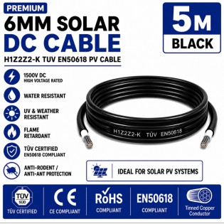 Leader 6mm Solar DC Cable Black H1Z2Z2-K TUV EN50618 PV Cable 1500V AD7 Cut to Length 5m Leader 6mm Solar DC Cable Black H1Z2Z2-K TUV EN50618 PV Cable 1500V AD7 Cut to Length 5m