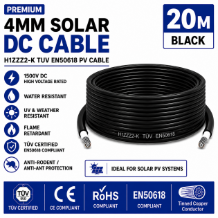 Leader 4mm Solar DC Cable Black H1Z2Z2-K TUV EN50618 PV Cable 1500V AD7 Cut to Length 20m Leader 4mm Solar DC Cable Black H1Z2Z2-K TUV EN50618 PV Cable 1500V AD7 Cut to Length 20m