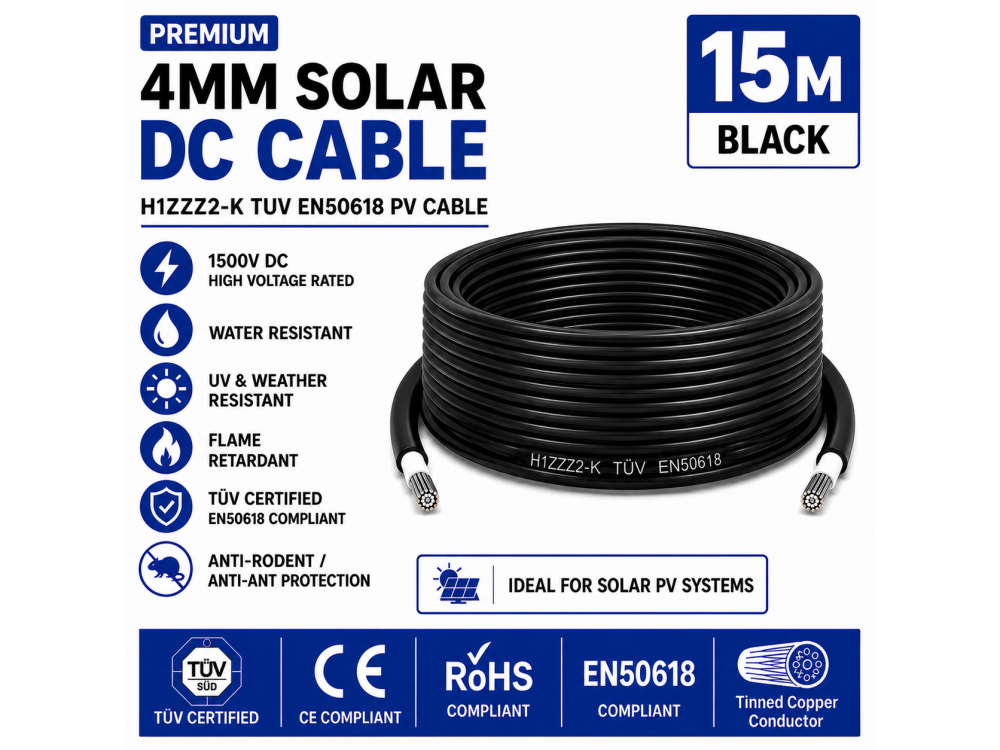 Leader 4mm Solar DC Cable Black H1Z2Z2-K TUV EN50618 PV Cable 1500V AD7 Cut to Length 15m Leader 4mm Solar DC Cable Black H1Z2Z2-K TUV EN50618 PV Cable 1500V AD7 Cut to Length 15m