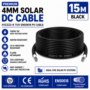 Leader 4mm Solar DC Cable Black H1Z2Z2-K TUV EN50618 PV Cable 1500V AD7 Cut to Length 15m Leader 4mm Solar DC Cable Black H1Z2Z2-K TUV EN50618 PV Cable 1500V AD7 Cut to Length 15m