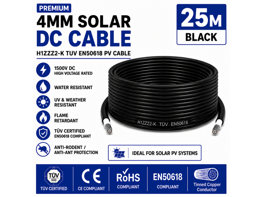 Leader 4mm Solar DC Cable Black H1Z2Z2-K TUV EN50618 PV Cable 1500V AD7 Cut to Length 25m Leader 4mm Solar DC Cable Black H1Z2Z2-K TUV EN50618 PV Cable 1500V AD7 Cut to Length 25m