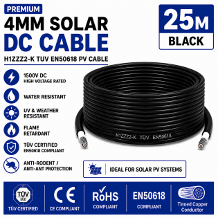 Leader 4mm Solar DC Cable Black H1Z2Z2-K TUV EN50618 PV Cable 1500V AD7 Cut to Length 25m Leader 4mm Solar DC Cable Black H1Z2Z2-K TUV EN50618 PV Cable 1500V AD7 Cut to Length 25m
