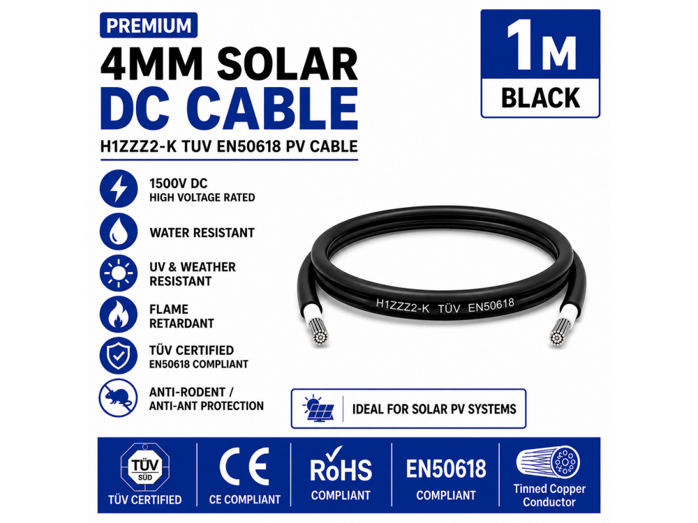 Leader 4mm Solar DC Cable Black H1Z2Z2-K TUV EN50618 PV Cable 1500V AD7 Cut to Length 1m Leader 4mm Solar DC Cable Black H1Z2Z2-K TUV EN50618 PV Cable 1500V AD7 Cut to Length 1m