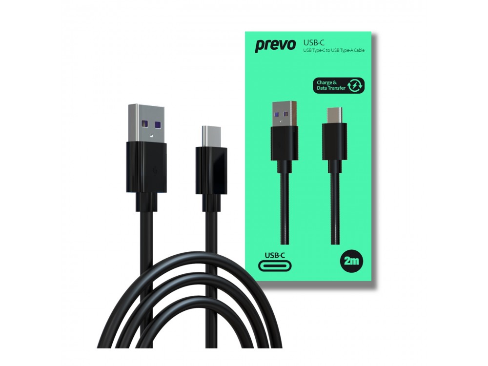  Prevo USBA-USBC-2M Data Cable, USB 2.0 Type-A (M) to USB 2.0 Type-C (M), 2m, Black, Fast Charging up to 2.1A / 5V, Nickel Plated Connectors, Superior Design & Performance, Retail Box Packaging