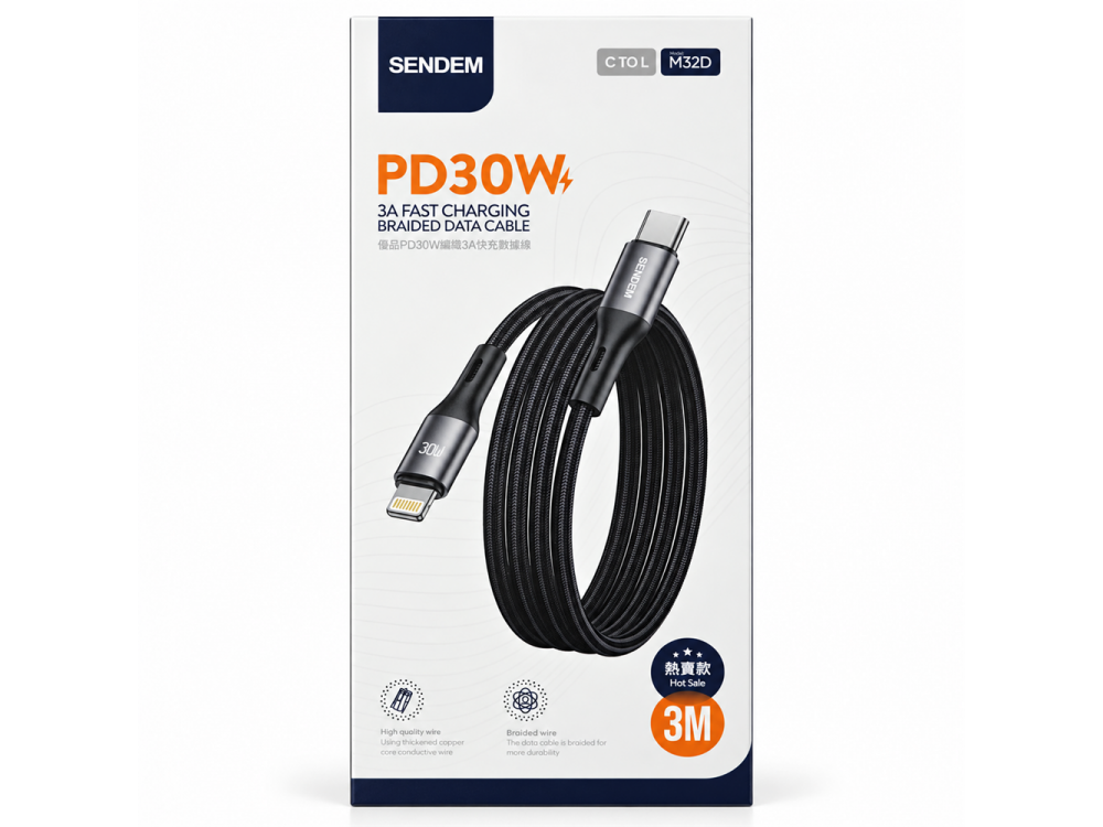 Free Shipping - M32D Pack of 3 USB-C to 8-Pin For iPhone 3m PD30W 3A Braided Cable UK Seller Free Shipping - M32D Pack of 3 USB-C to 8-Pin For iPhone 3m PD30W 3A Braided Cable UK Seller