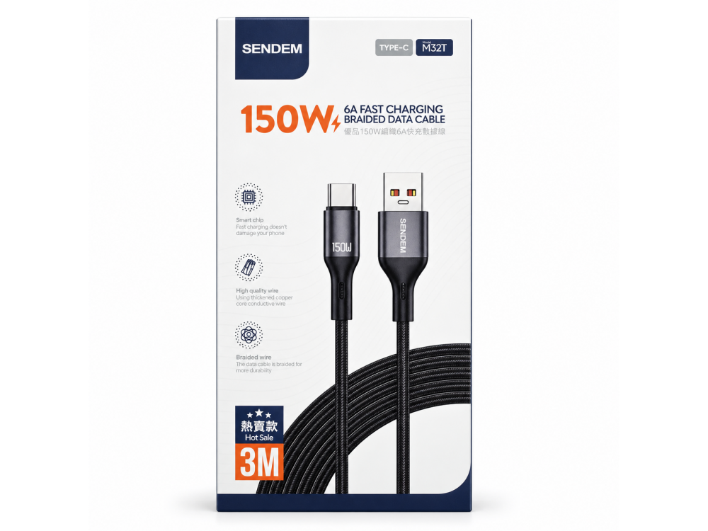 Free Shipping - M32T Pack of 3 USB-A to USB-C 3m 150W 6A Braided Fast Charging Cable UK Seller Free Shipping - M32T Pack of 3 USB-A to USB-C 3m 150W 6A Braided Fast Charging Cable UK Seller