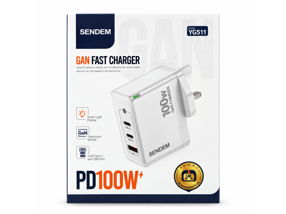 YG511 SENDEM PD100W GaN UK Plug Charger 3-Port 2x USB-C 1x USB-A QC3.0 UK Seller YG511 SENDEM PD100W GaN UK Plug Charger 3-Port 2x USB-C 1x USB-A QC3.0 UK Seller