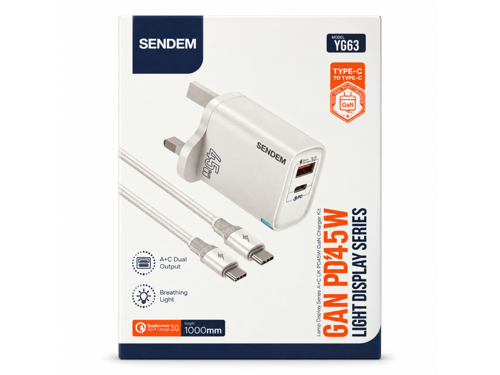 YG63 PD45W GaN UK Plug Charger USB-A USB-C with USB-C to USB-C Cable UK Seller YG63 PD45W GaN UK Plug Charger USB-A USB-C with USB-C to USB-C Cable UK Seller